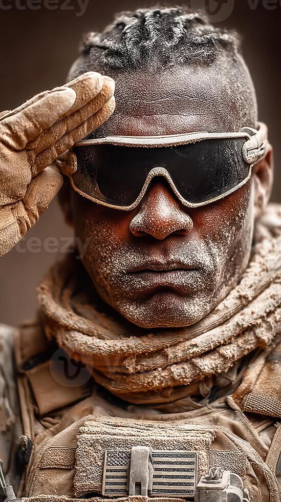 Soldier saluting with determination in a dusty environment during a military operation photo