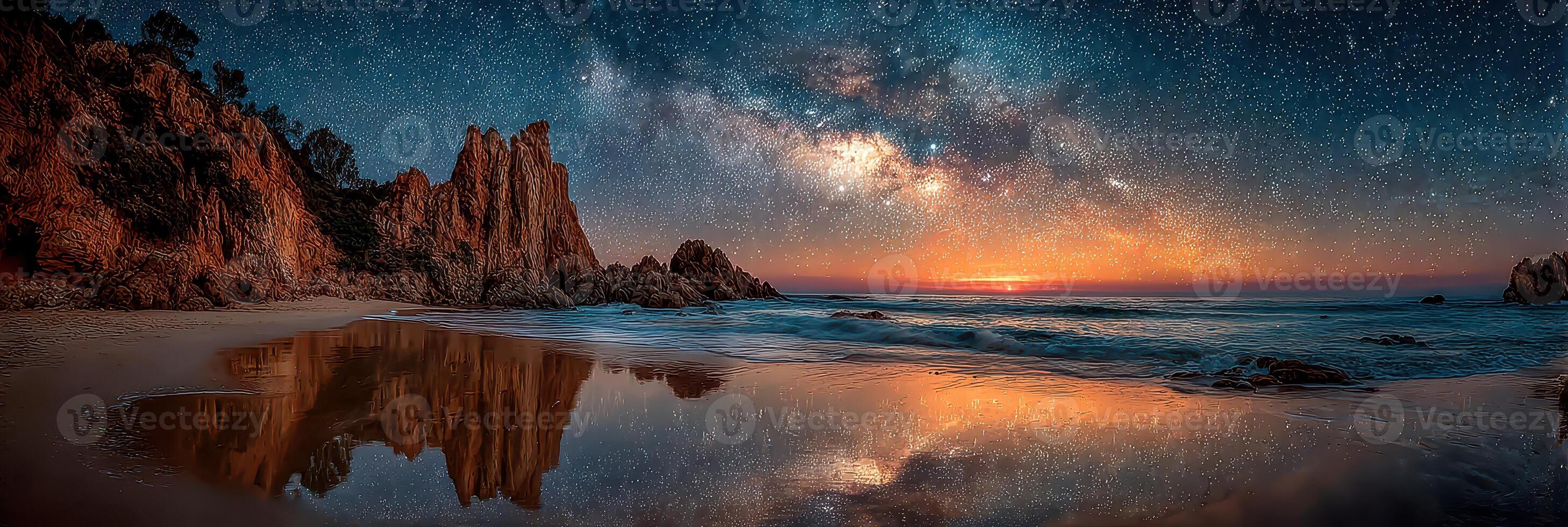 Captivating night sky over tranquil ocean shoreline with stars reflecting on calm waters photo