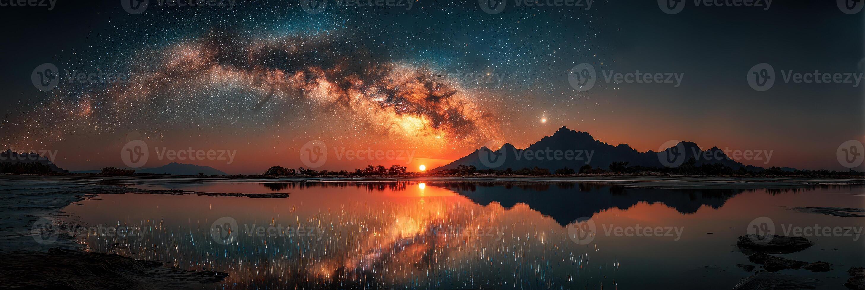 Majestic milky way galaxy reflects over tranquil lake at sunset with mountains in the background photo