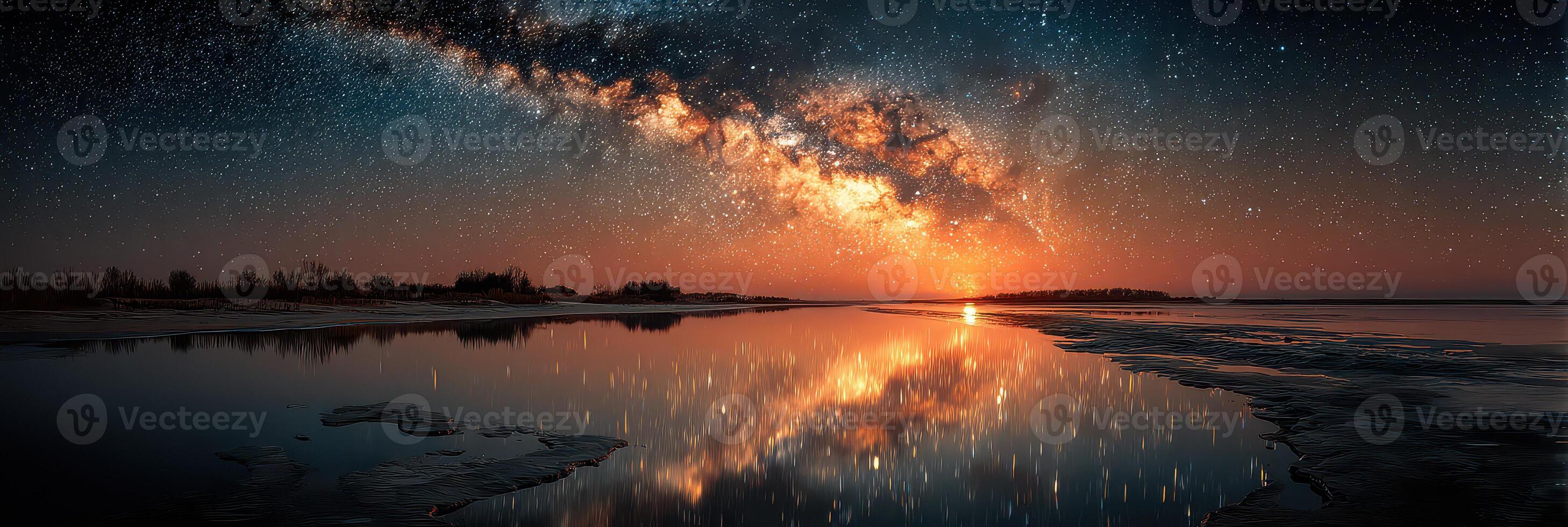 Stunning view of the Milky Way reflecting on a serene lake at twilight during a clear night photo
