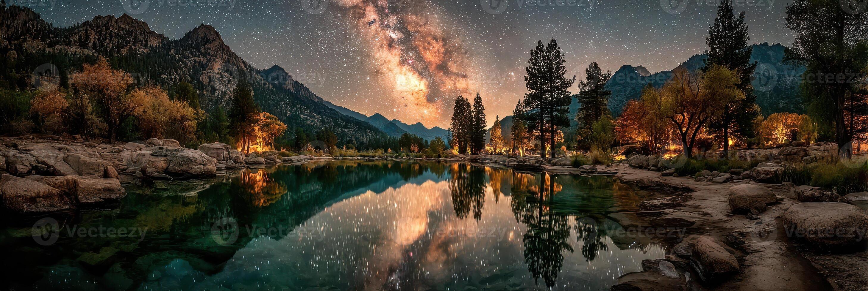 Stunning night view with Milky Way reflecting over a tranquil lake surrounded by mountains and trees photo