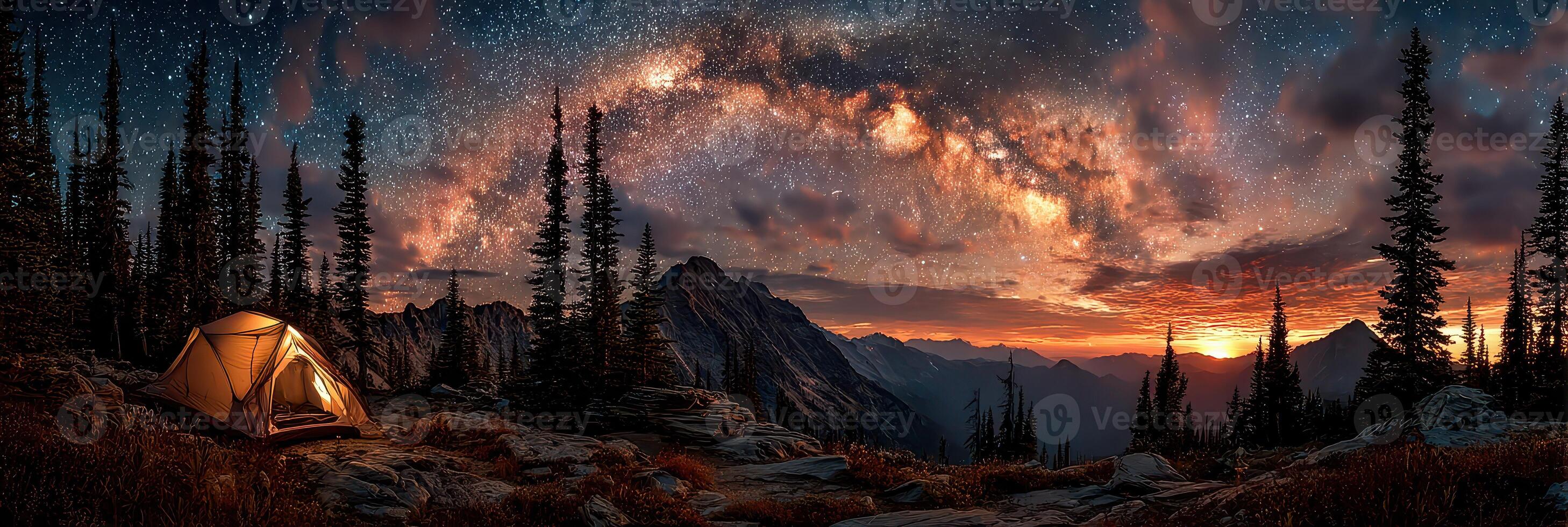 Stunning night sky over mountains with illuminated camping tent in a serene forest setting photo