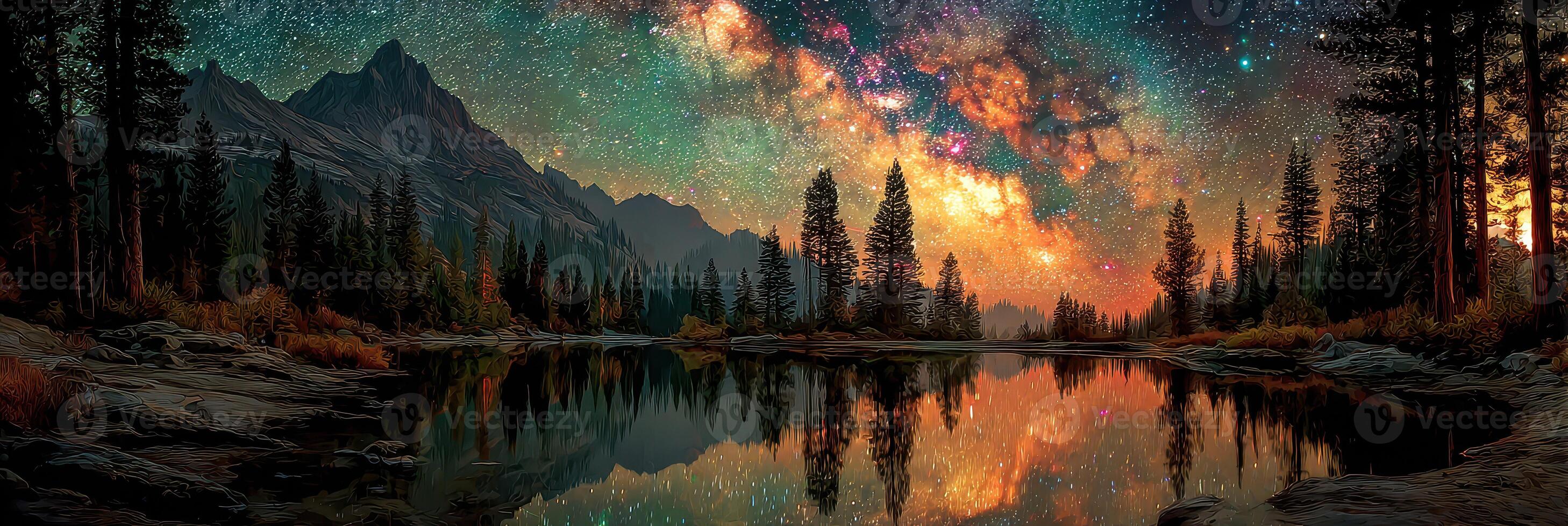 Majestic night sky with vibrant stars reflecting on a tranquil lake surrounded by mountains and trees at sunset photo
