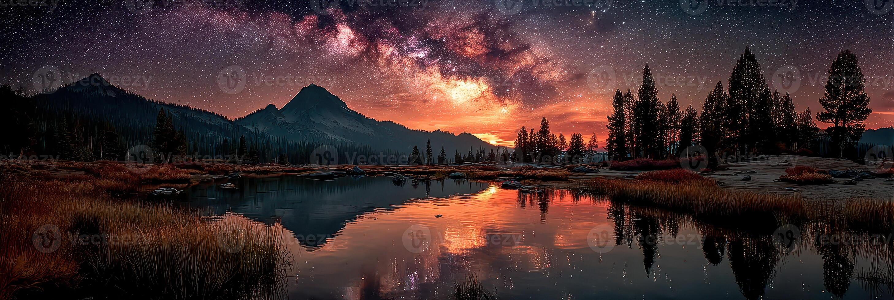 Vivid night sky with stars and milky way reflecting on calm lake at sunset in a serene mountain landscape photo