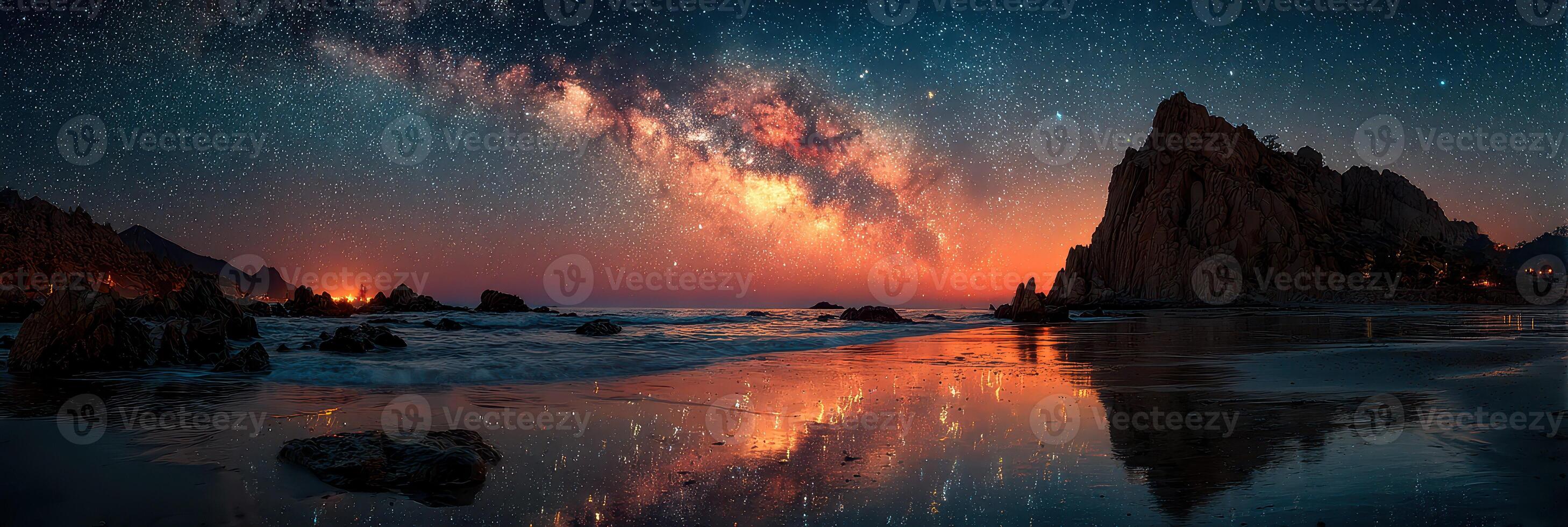 Stunning night sky over the ocean with the Milky Way shining brightly at a remote beach location in the evening photo