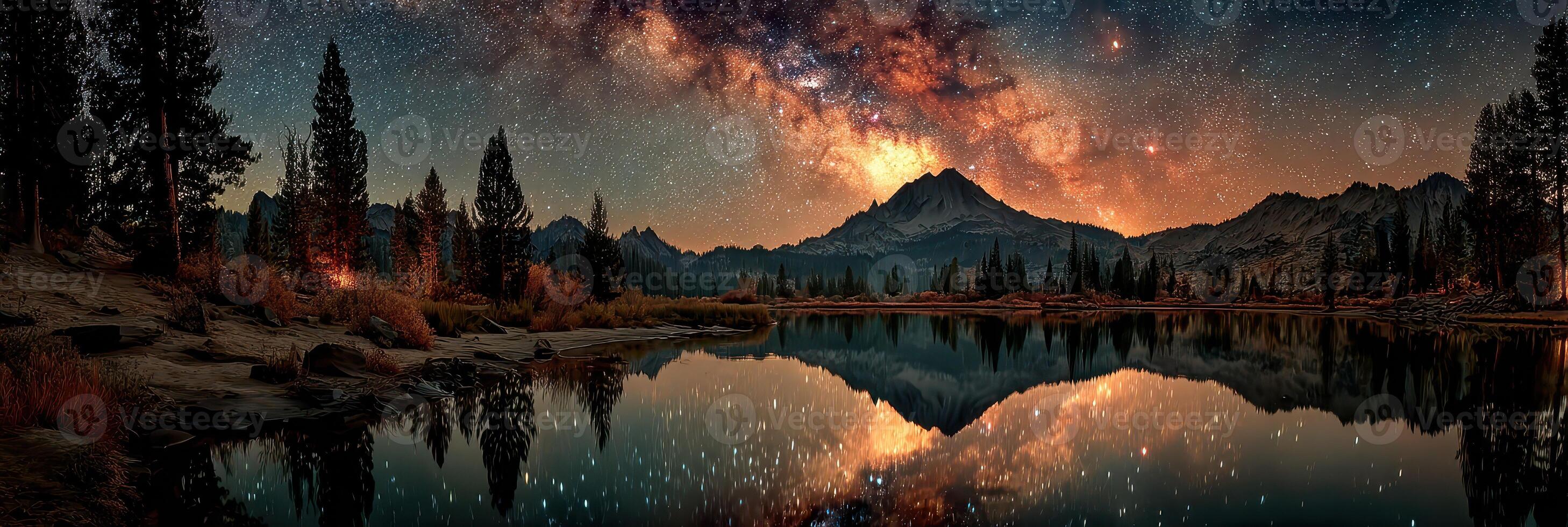 Stars reflect on a calm lake under a vibrant night sky in a stunning mountainous landscape photo