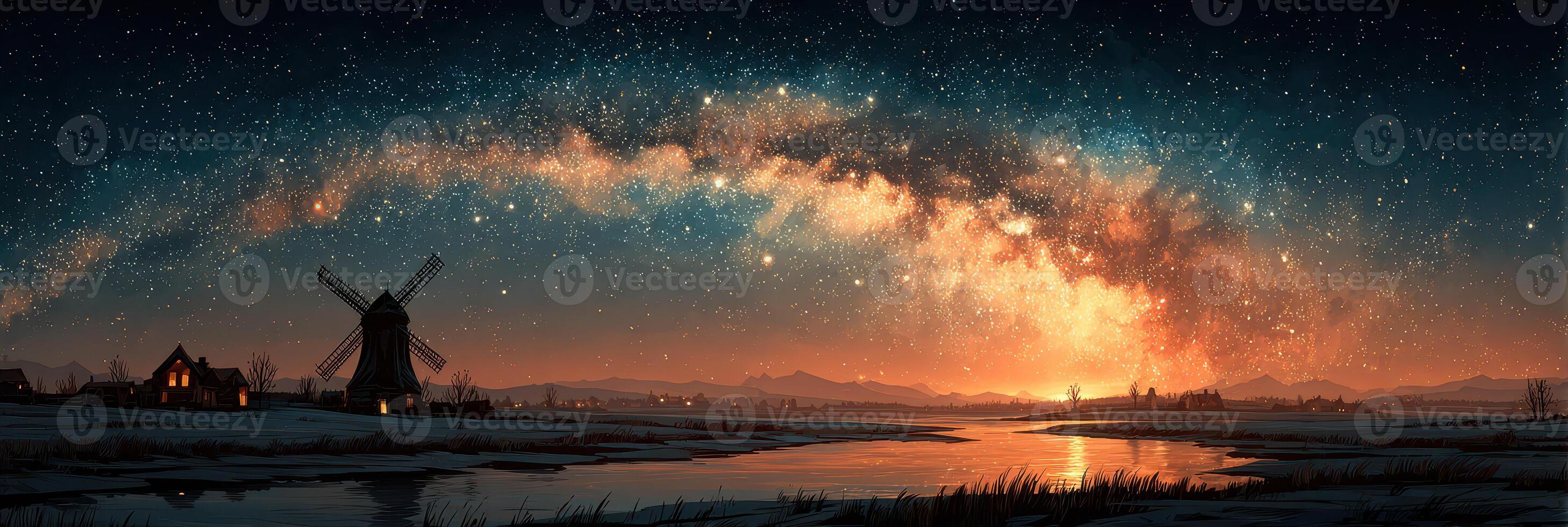 Expansive night sky filled with stars over a tranquil landscape featuring a windmill and water reflection in winter photo