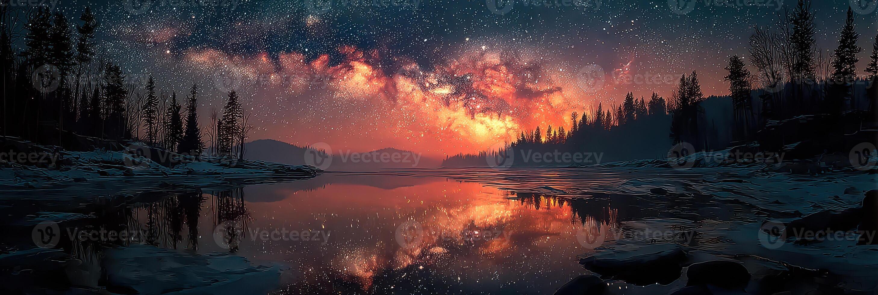 Starlit lake with vibrant reflections under a cosmic sky during a clear night in a forest photo