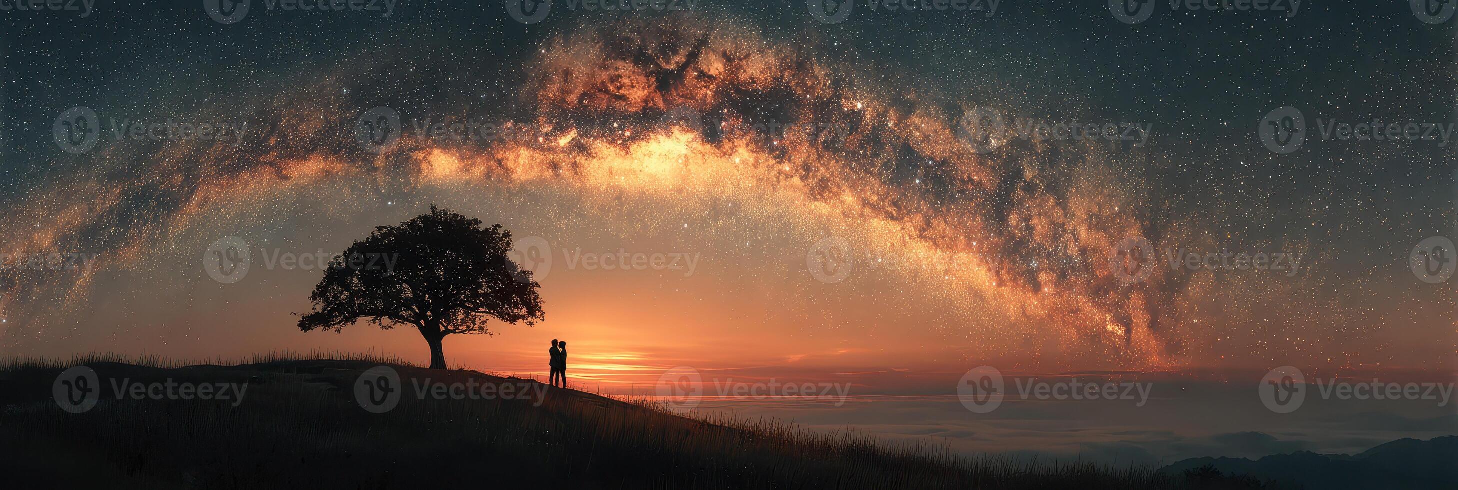 Couple gazes at the Milky Way under a starry sky at sunset on a peaceful hillside photo