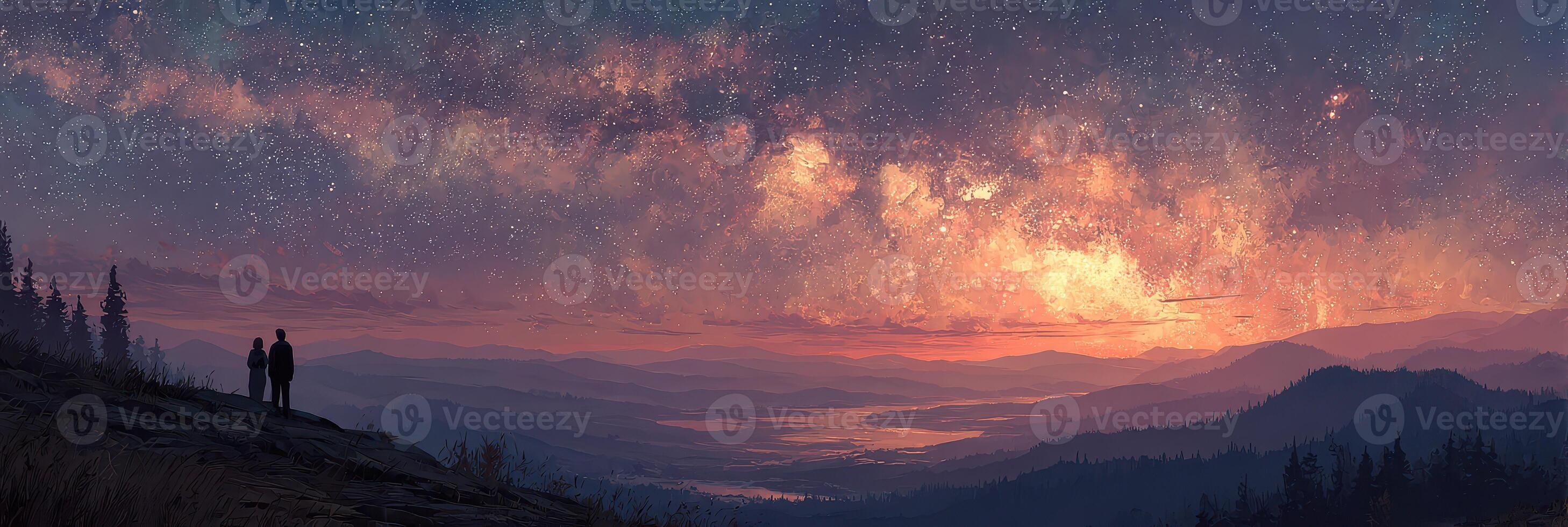 Overlooking a breathtaking starry sky from a mountain ridge at twilight with two figures admiring the view in the distance photo