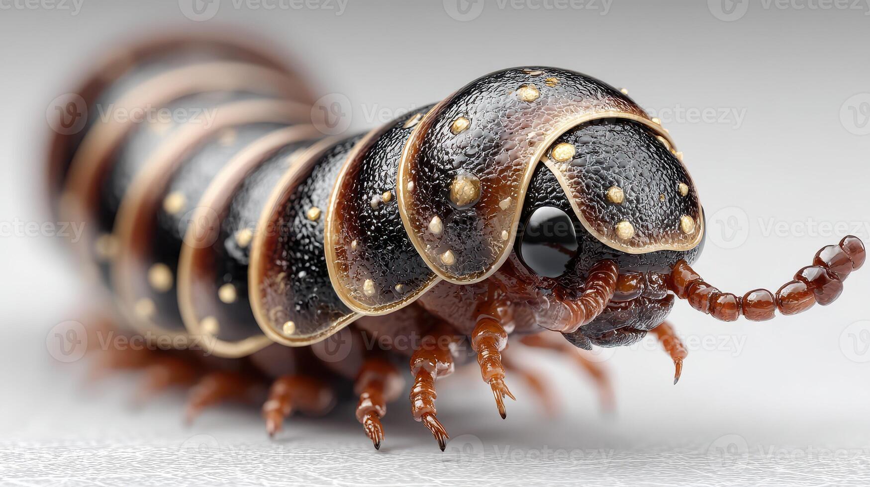 Close-up view of a unique caterpillar with intricate patterns and textures on its body resting on a white surface in natural light photo