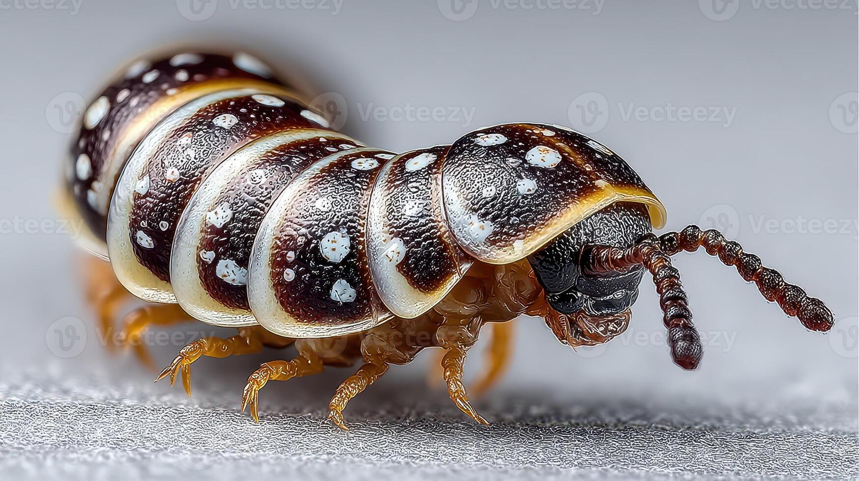 Intricate details of a uniquely patterned caterpillar crawling on a delicate surface in natural light photo