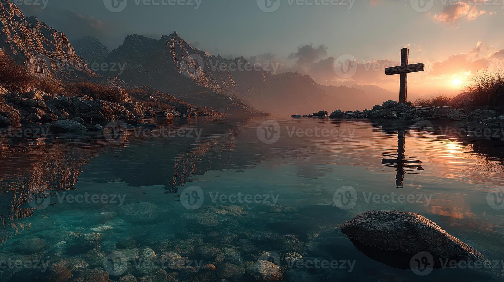 Calm waters reflect mountains and a cross at sunset near a serene lake in a peaceful landscape photo