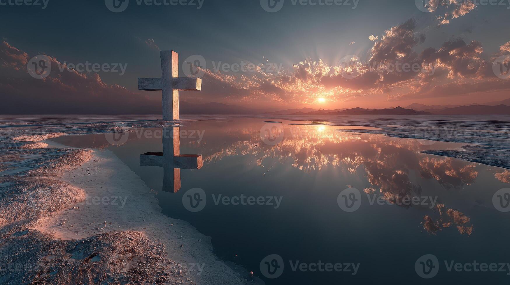 Cross stands in tranquil waters reflecting a stunning sunset over a serene landscape, evoking peace and contemplation photo
