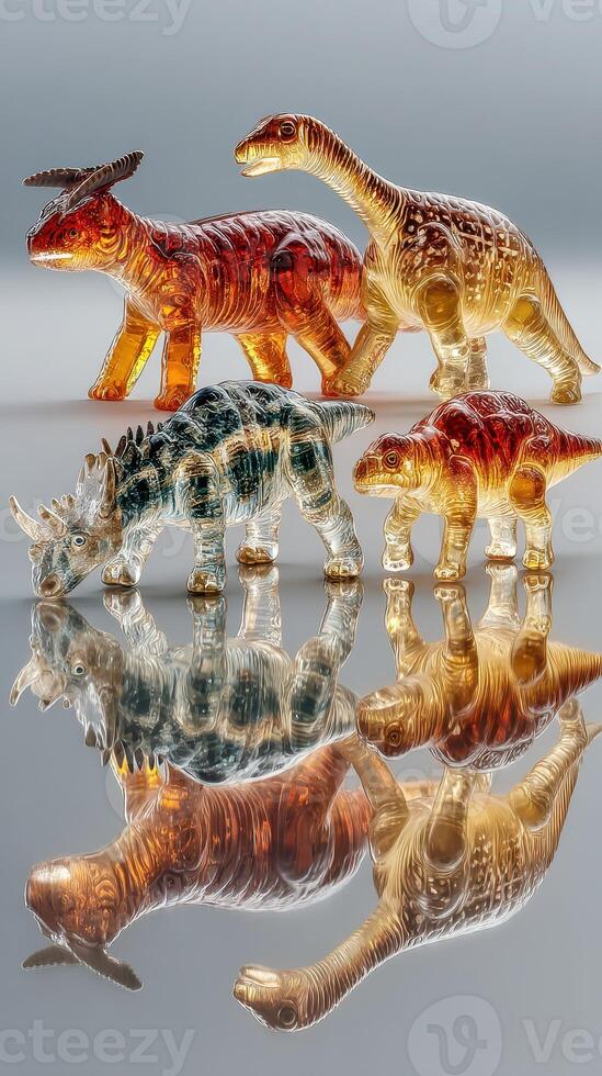 Colorful glass dinosaur figurines arranged on a reflective surface display their intricate designs and vibrant colors in a captivating way photo