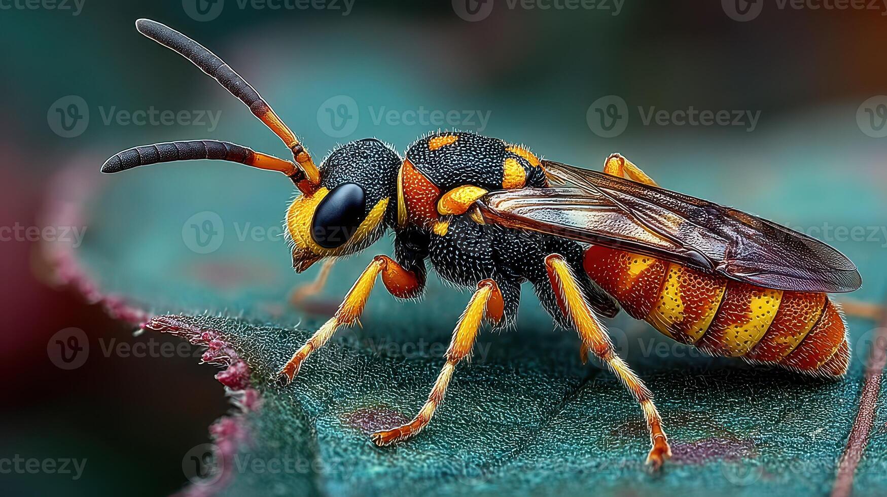 Close-up view of a colorful insect resting on a green leaf in a natural environment during daylight hours photo