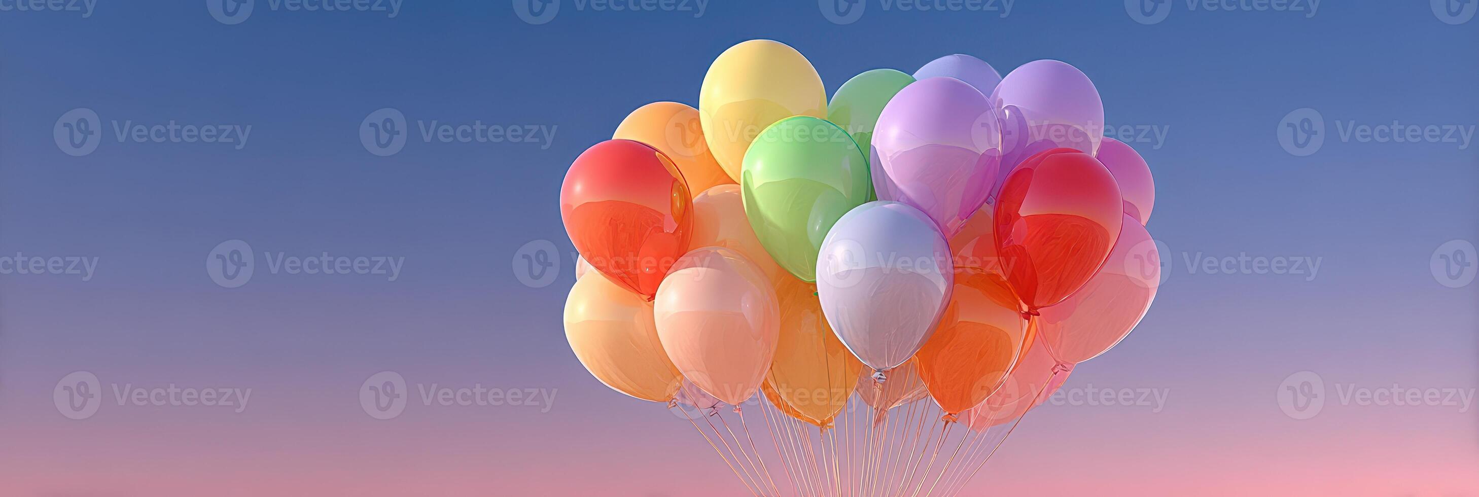 Colorful balloons float against a sunset sky creating a festive atmosphere for celebrations and events photo