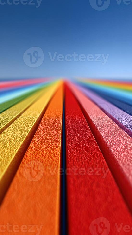 Vibrant colors of foam strips create a rainbow landscape under a clear blue sky in a sunny outdoor setting photo