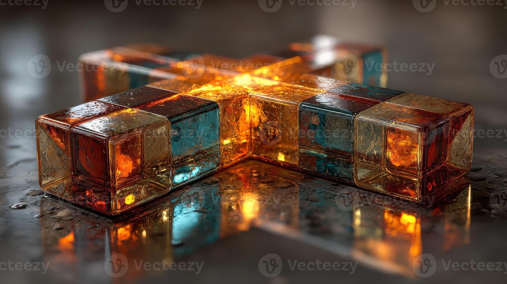 Intricate glass cross sculpture illuminated by warm light on a reflective surface photo