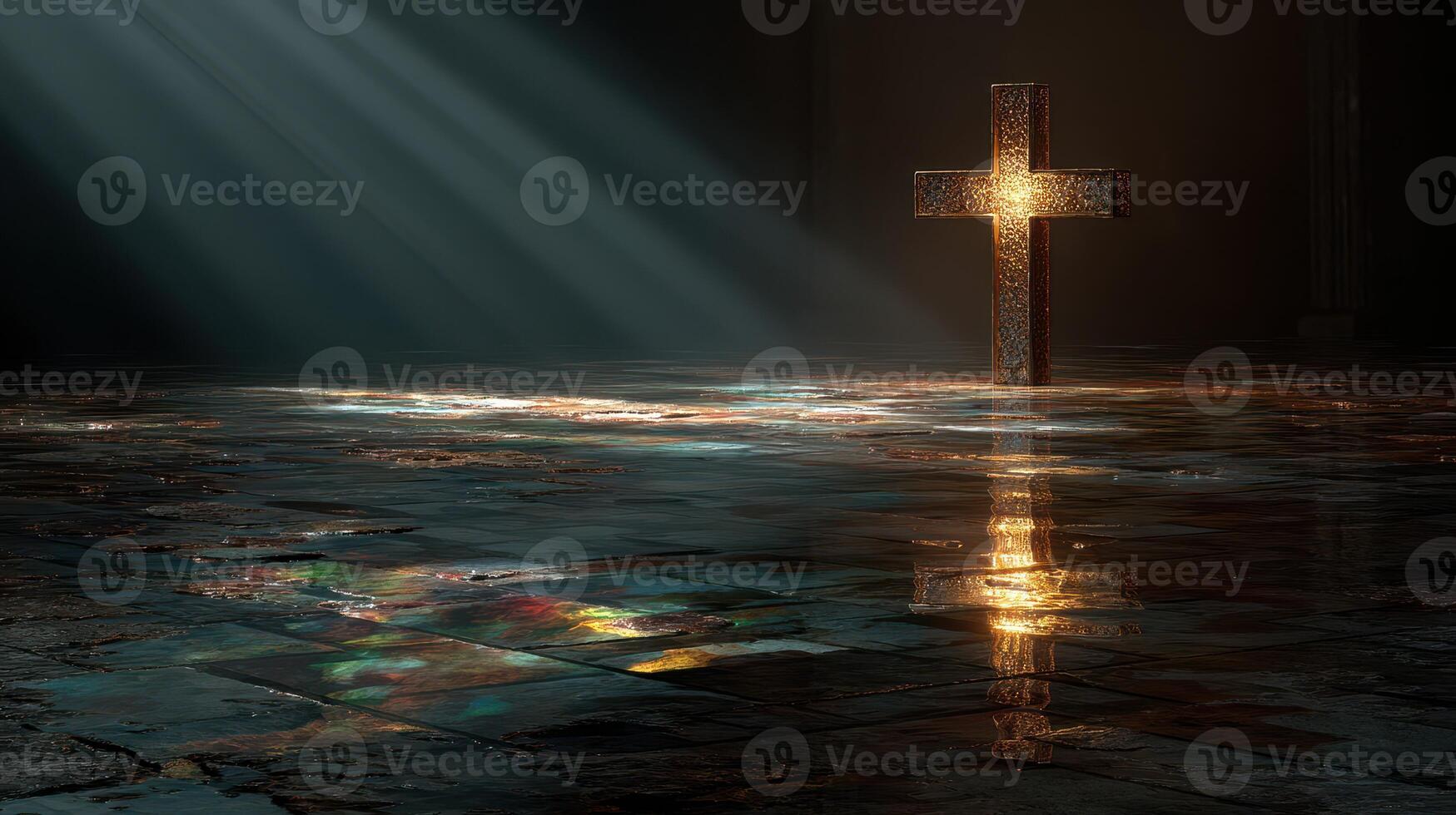 Cross illuminated by warm light in a darkened space, creating a spiritual atmosphere of reflection and hope photo