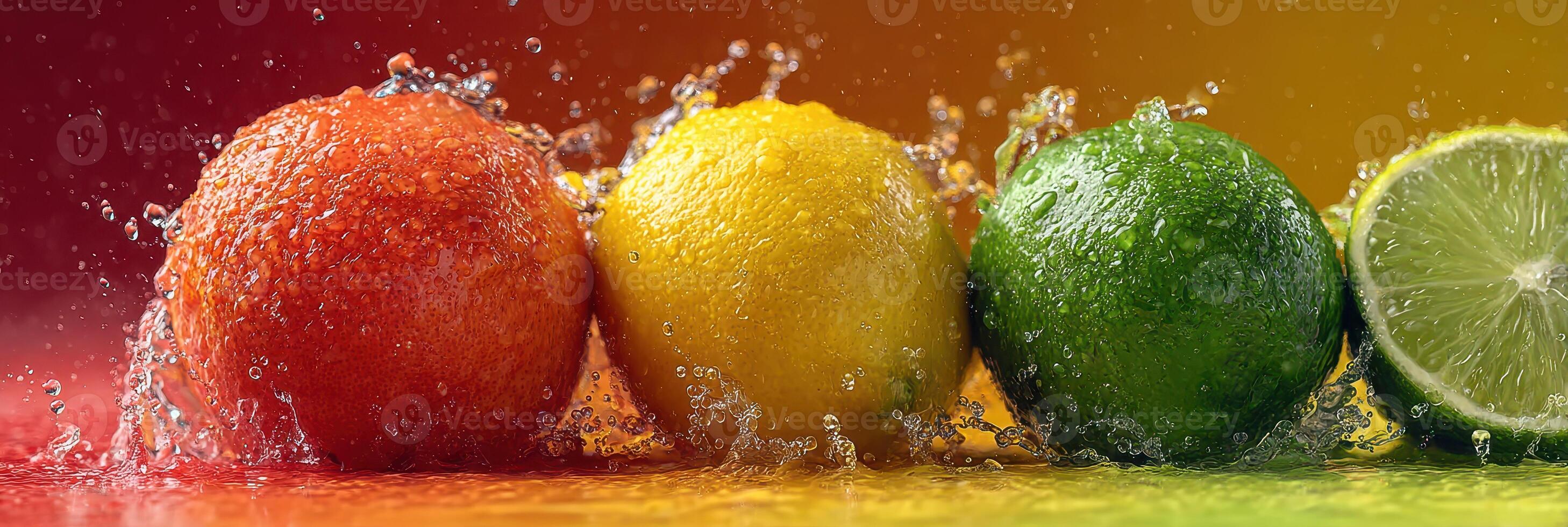 Colorful citrus fruits splashing in water, creating dynamic patterns in a vibrant setting photo