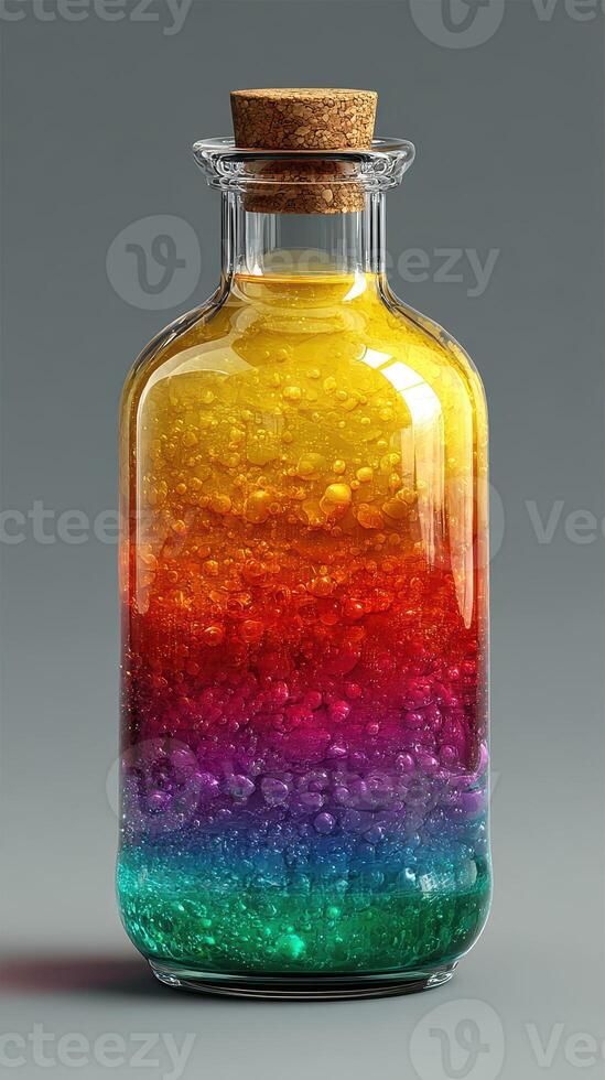Colorful liquid layers in a glass bottle create a mesmerizing rainbow effect during a creative crafting session photo