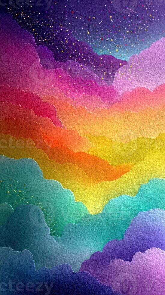 Bright and colorful abstract landscape with vibrant skies and soft clouds at dusk photo
