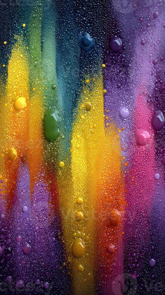 Colorful water droplets create abstract patterns on a dark background, showcasing vivid hues and textures through condensation photo