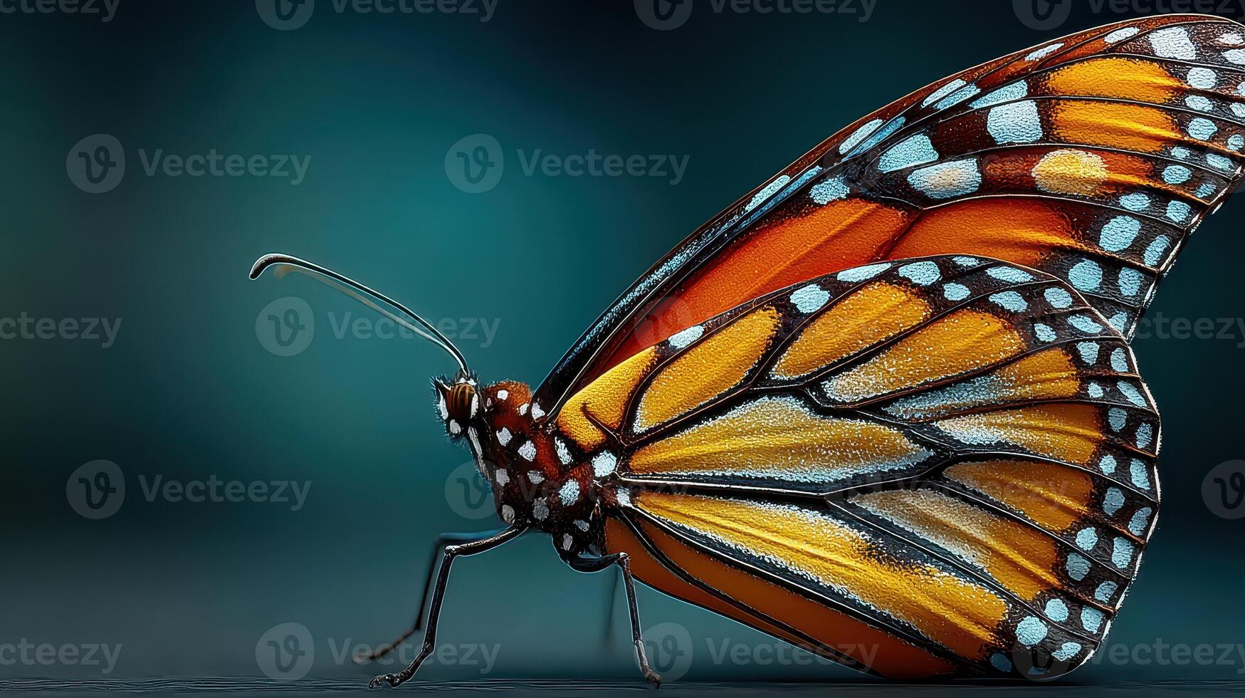 Monarch butterfly resting on a surface with vibrant orange and blue patterns photo