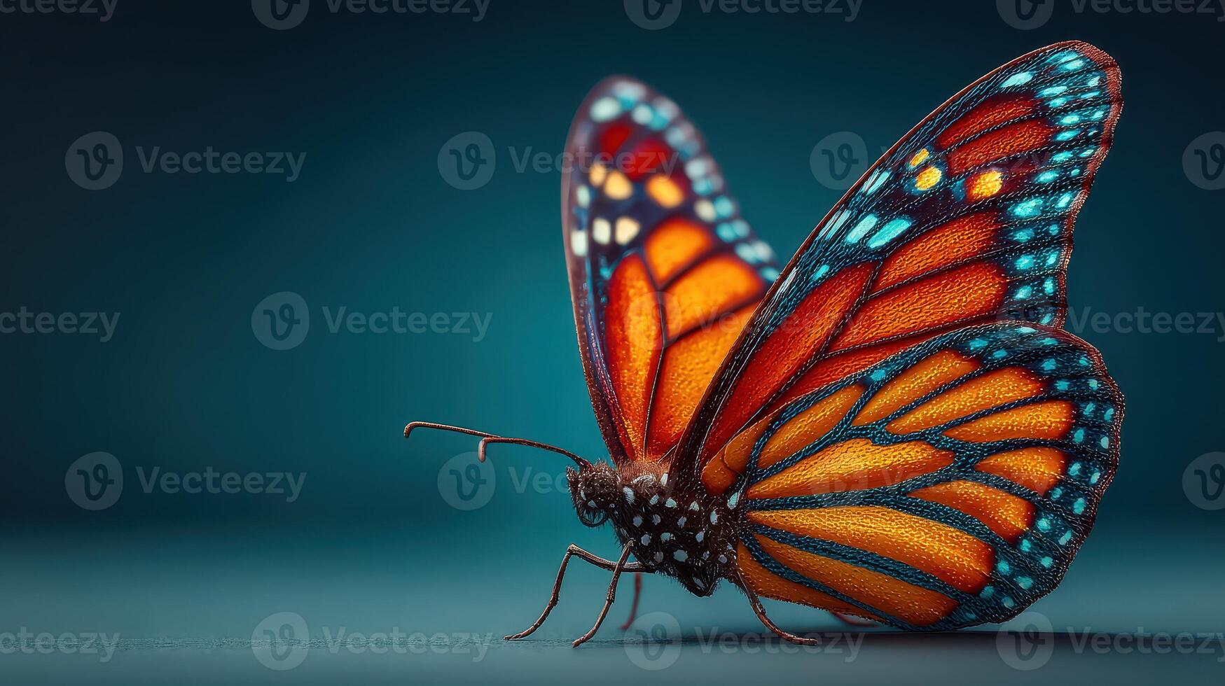 Vibrant butterfly resting on a surface with intricate patterns and colors under soft light photo