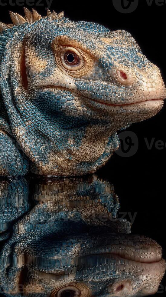 Lizard sculpture with intricate detailing reflecting on a dark surface photo