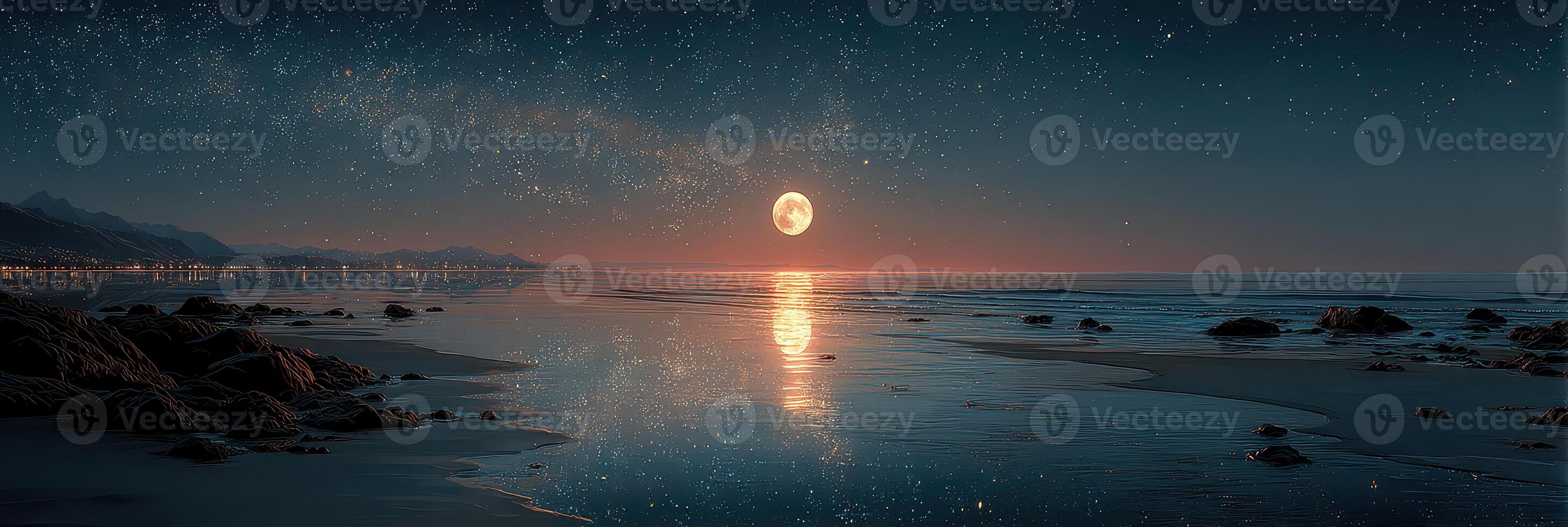 Moonlight reflects on calm ocean surface at twilight near coastal town photo