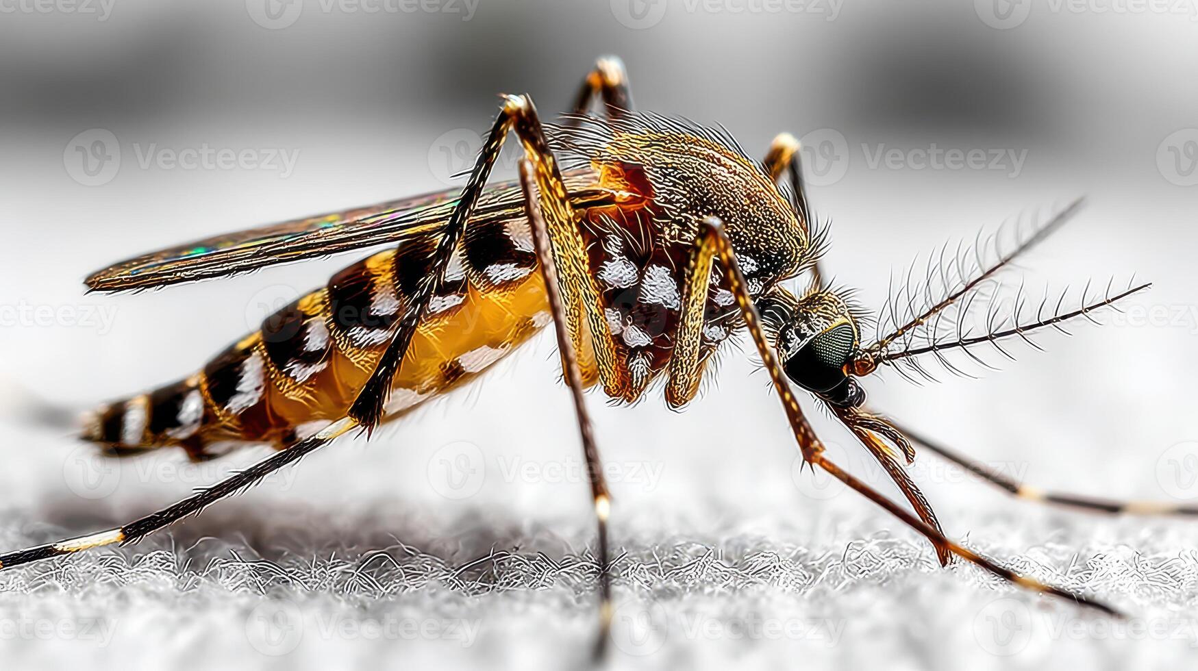 Close-up view of a mosquito showing intricate details of its body and wings under natural light photo