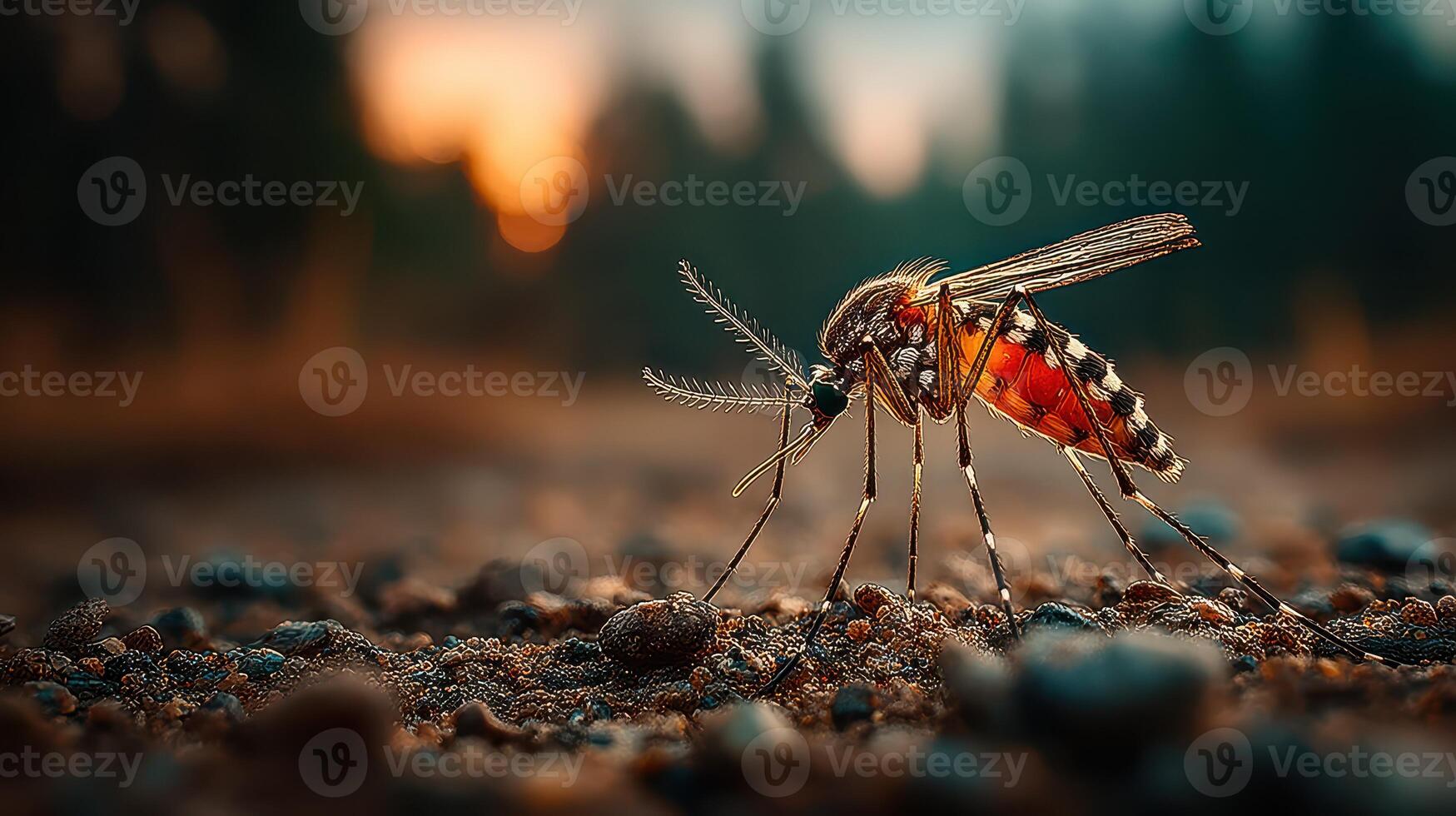 Detailed close-up of a mosquito resting on the ground at dusk in a natural setting photo