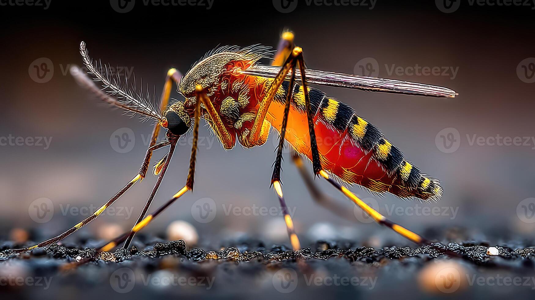Close-up view of a colorful mosquito resting on a dark surface during twilight photo