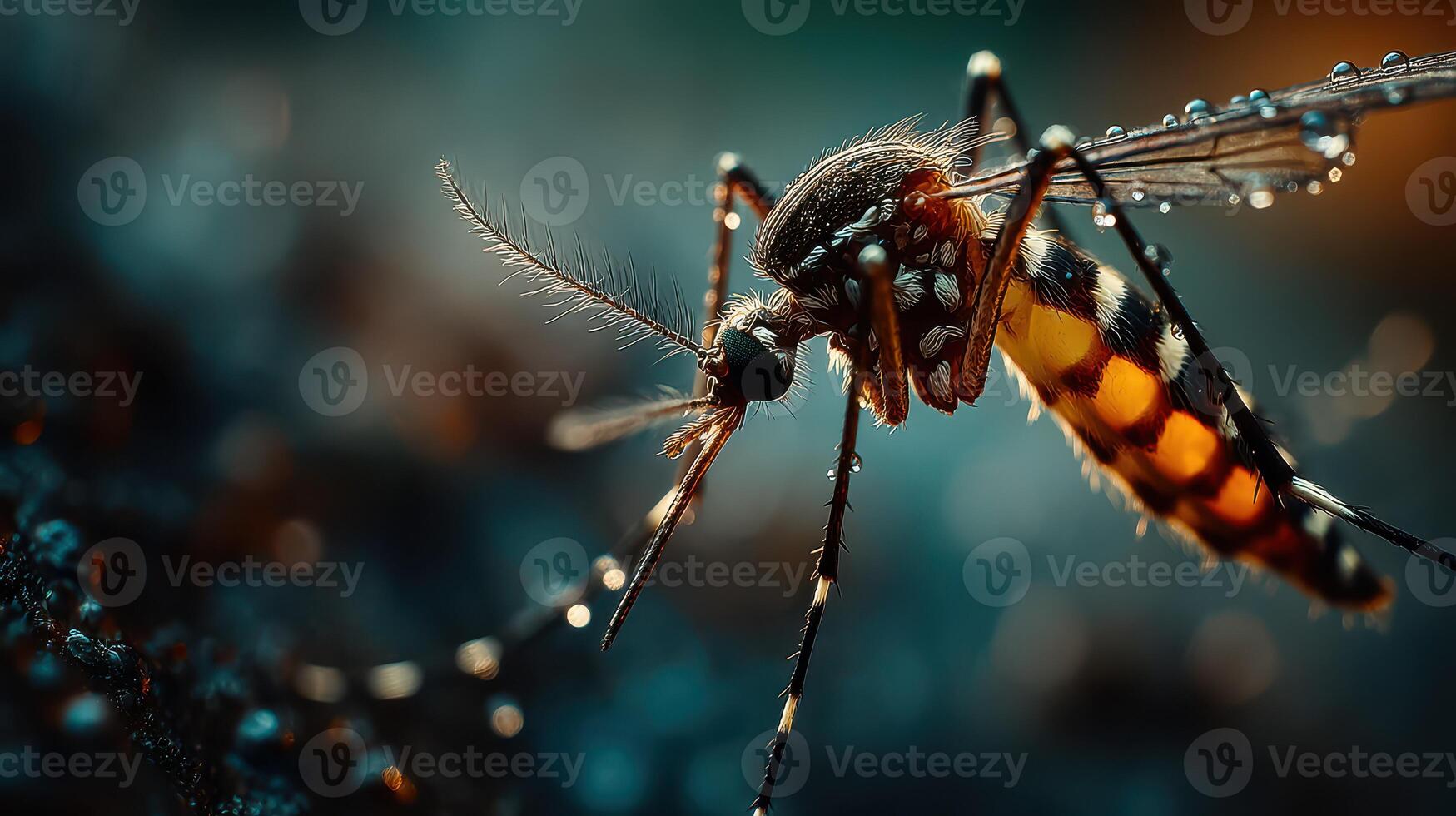 Close-up view of a mosquito resting with water droplets in a natural setting during morning light photo