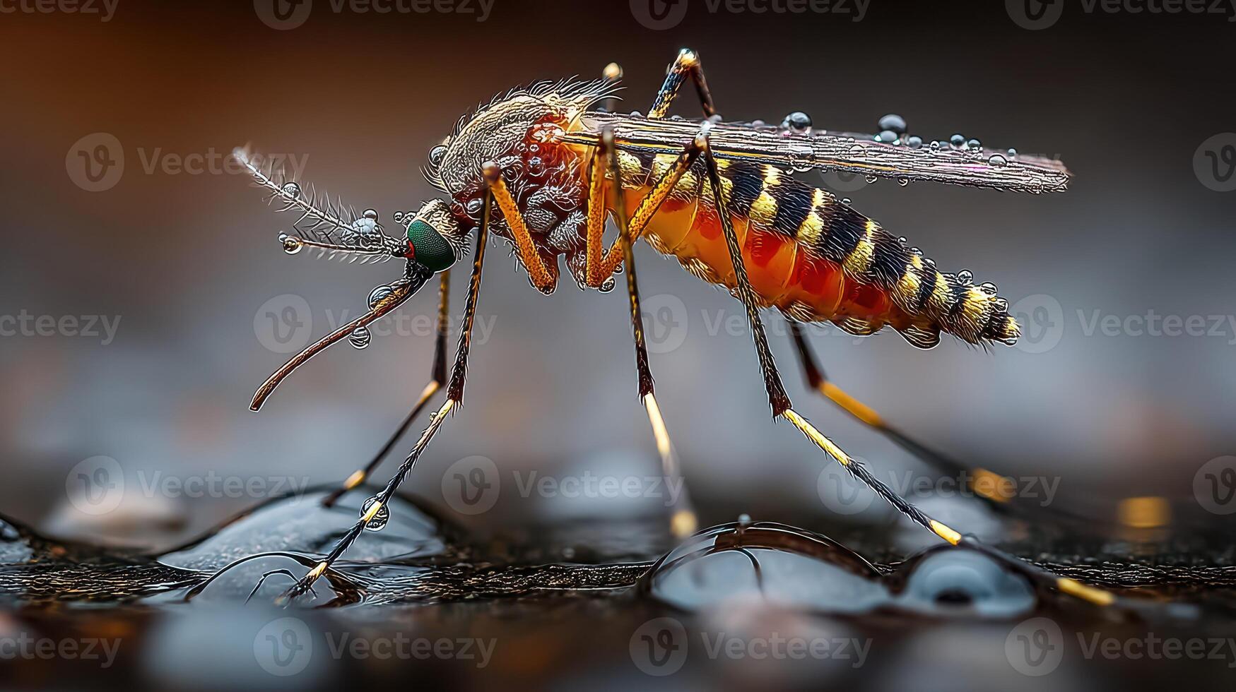 Close-up view of a mosquito on droplets highlighting its intricate details and vibrant colors during early dawn light photo