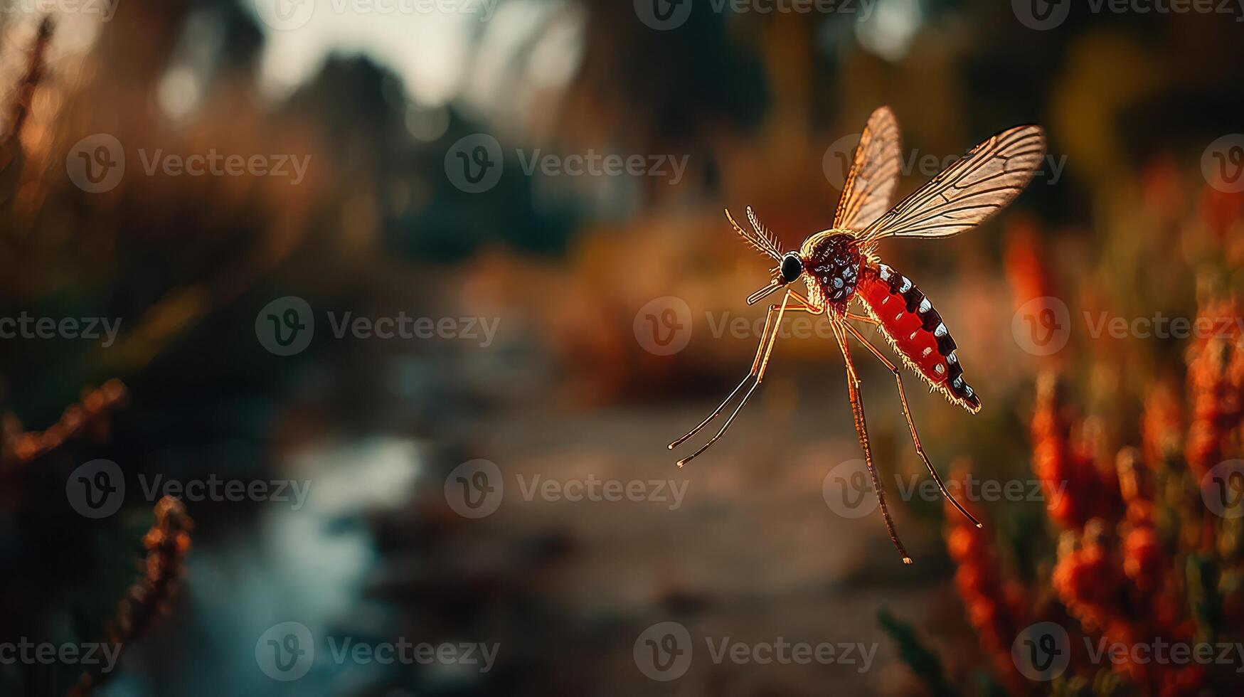 Mosquito flying near a stream at sunset with colorful flora in the background photo