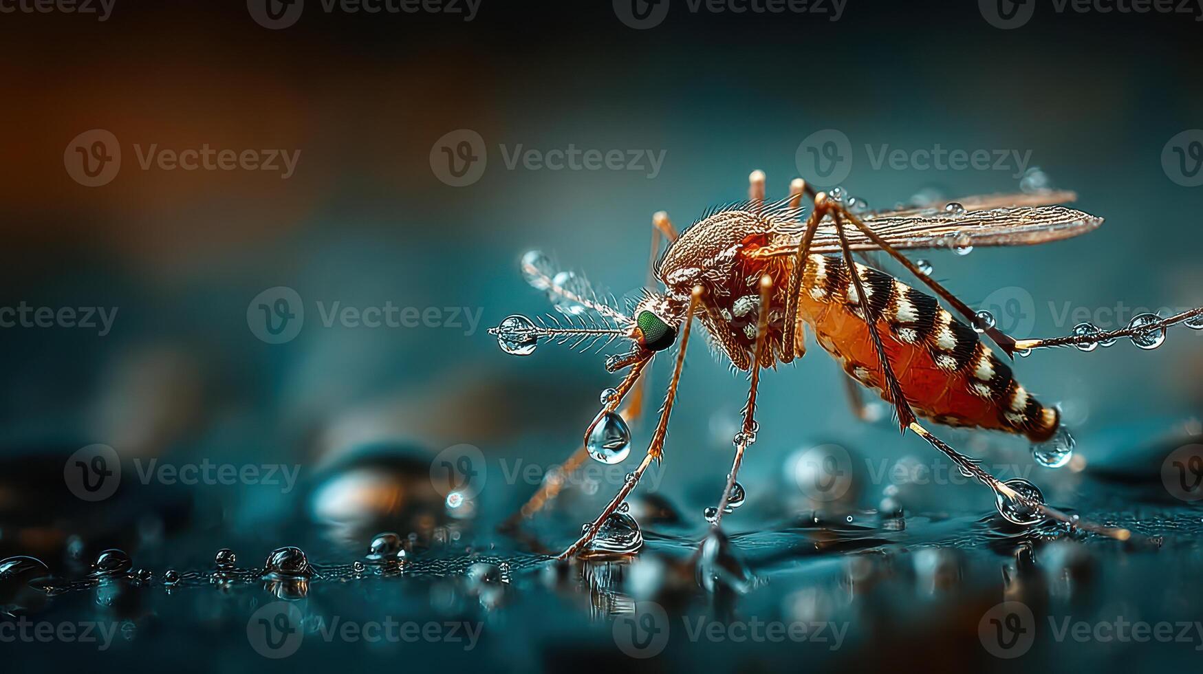Close-up of a mosquito on a wet surface showcasing details of its body and water droplets in a natural setting during dusk photo