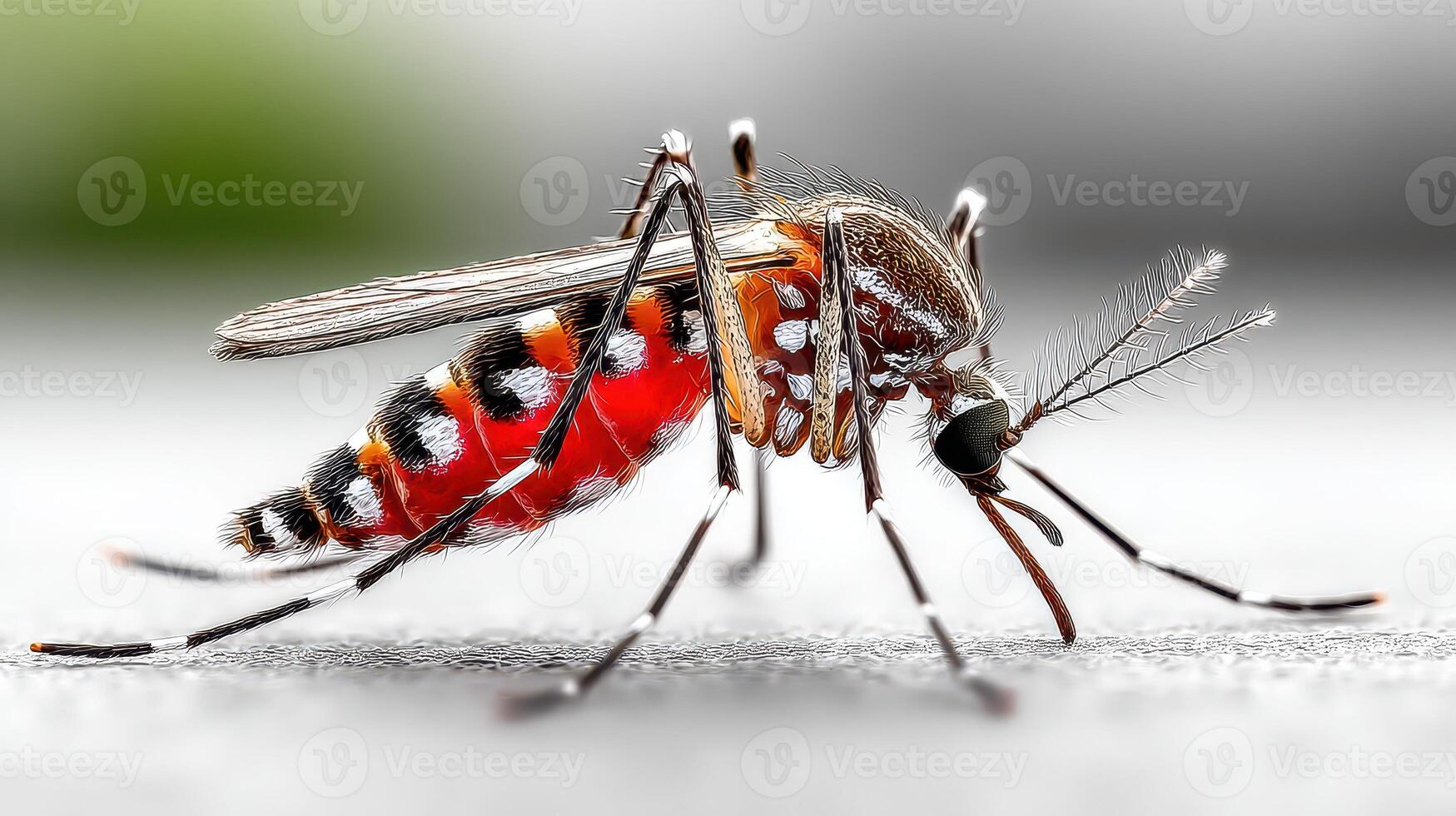 Detailed close-up of a brightly colored mosquito resting on a surface outdoors in natural light photo