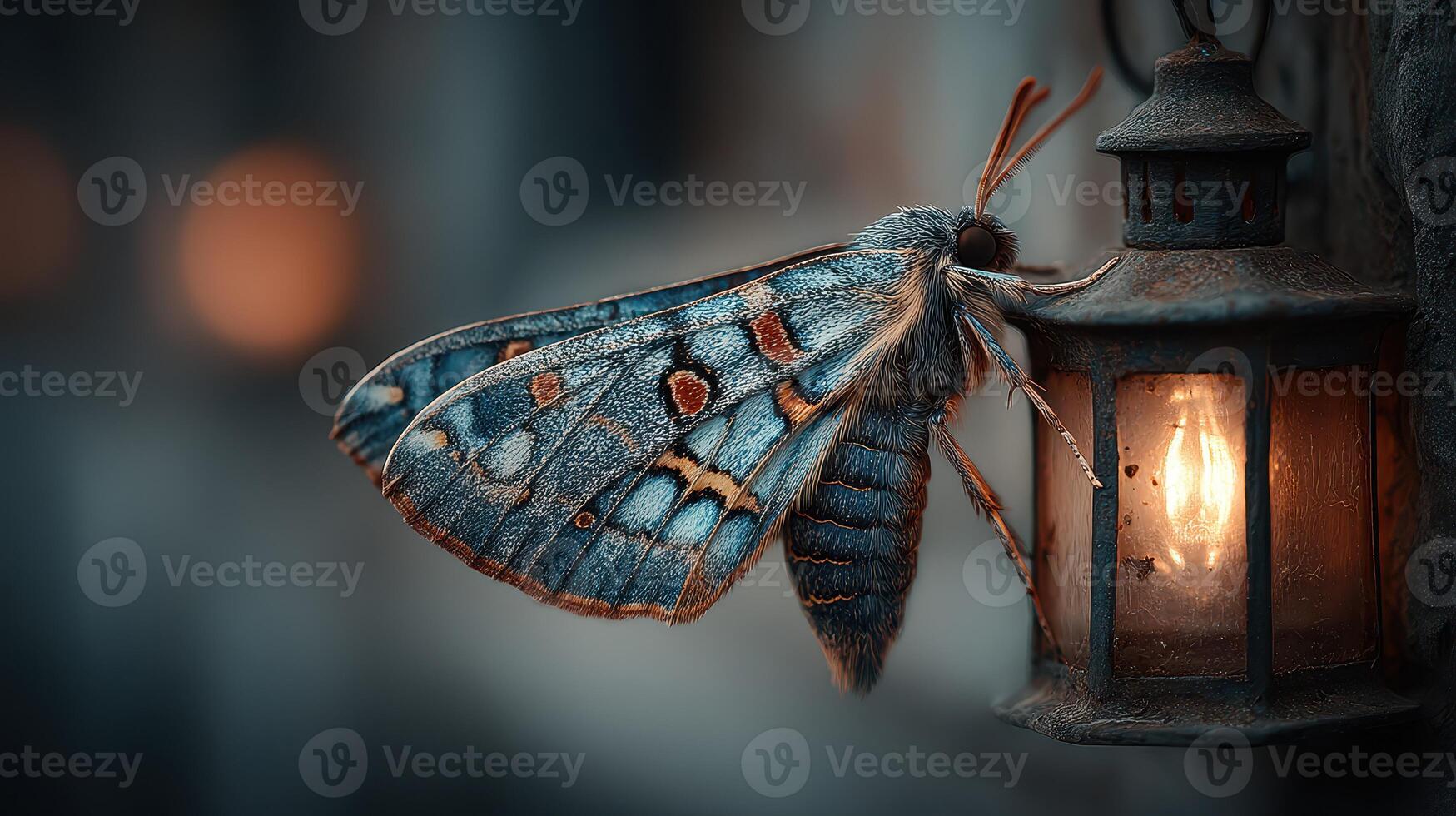 Brilliant blue moth resting on a lantern in twilight near a cozy outdoor setting photo