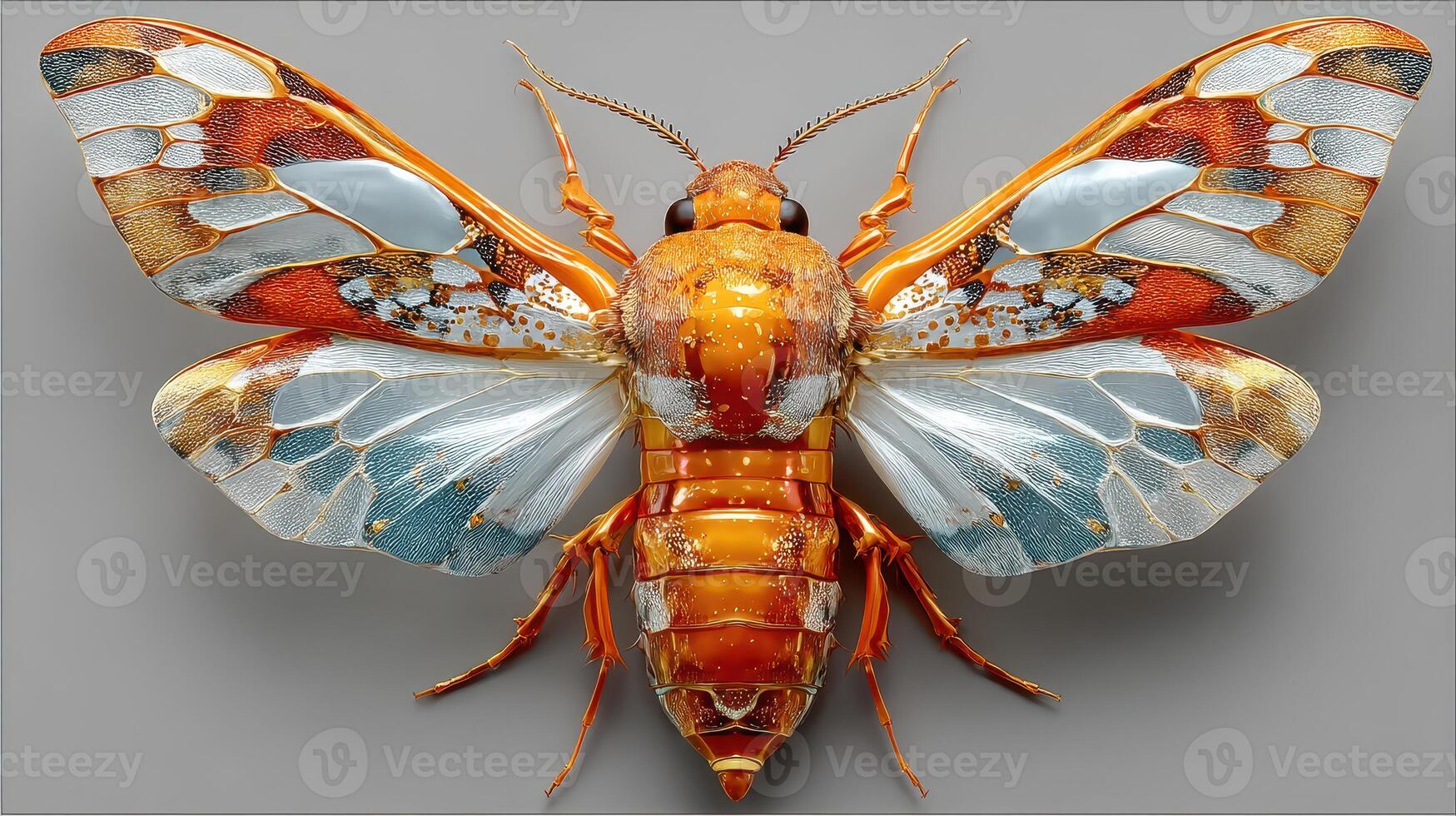 Vibrant insect displays intricate patterns and colors against a smooth neutral backdrop in detailed close-up shot photo