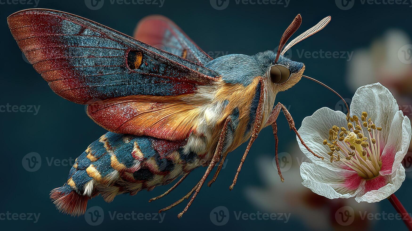 Colorful moth hovering near a delicate flower in a vibrant natural setting photo