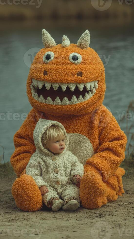 Child plays with friendly orange monster by peaceful riverbank during early afternoon in autumn photo