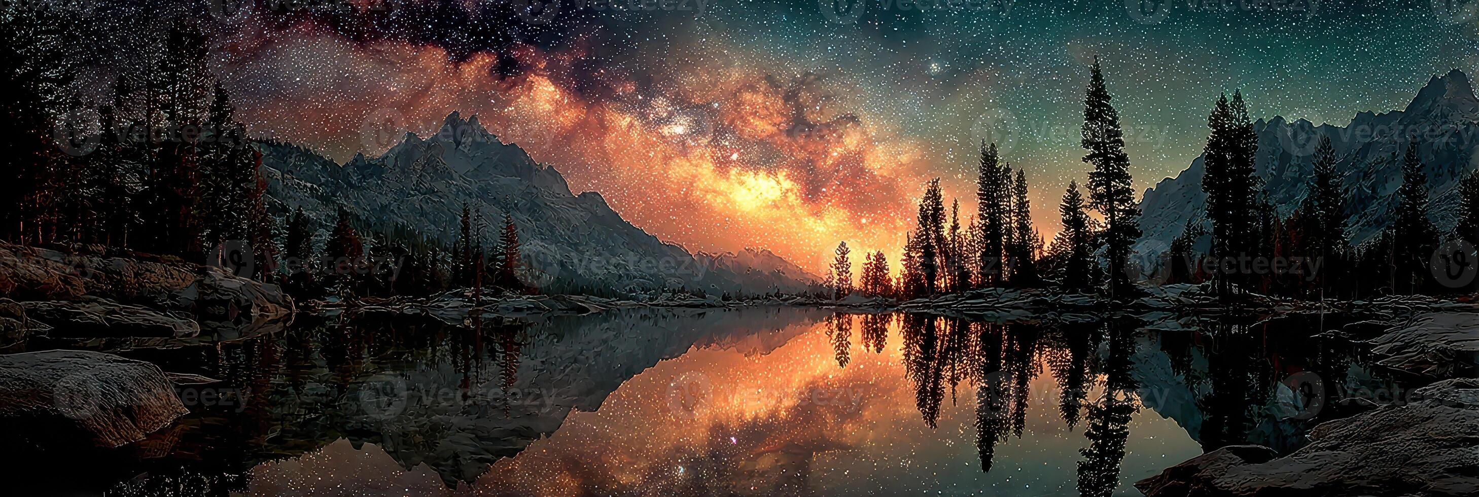 Stunning night sky reflection over tranquil lake surrounded by mountains and pine trees in a remote wilderness area photo