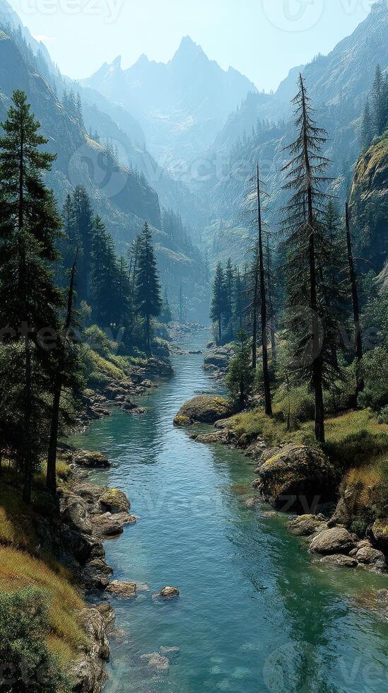 Stunning river flows through a lush valley surrounded by towering mountains and evergreen trees in broad daylight photo