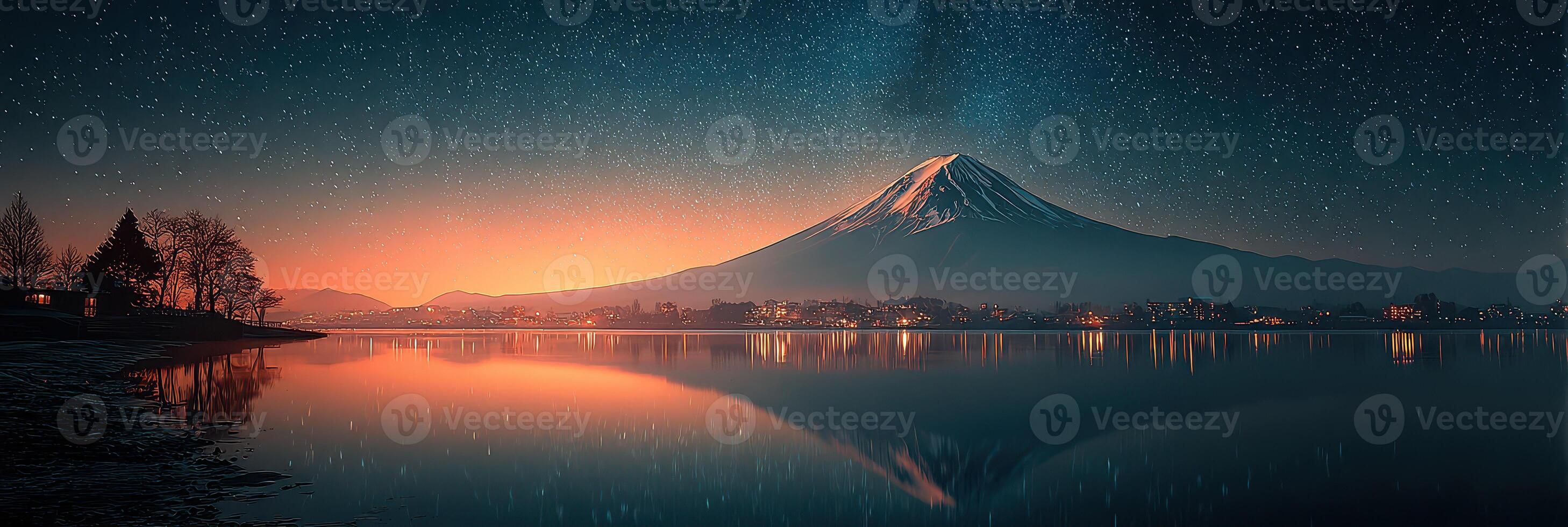 Mount Fuji reflection at twilight with starry sky and serene lake view in Japan photo