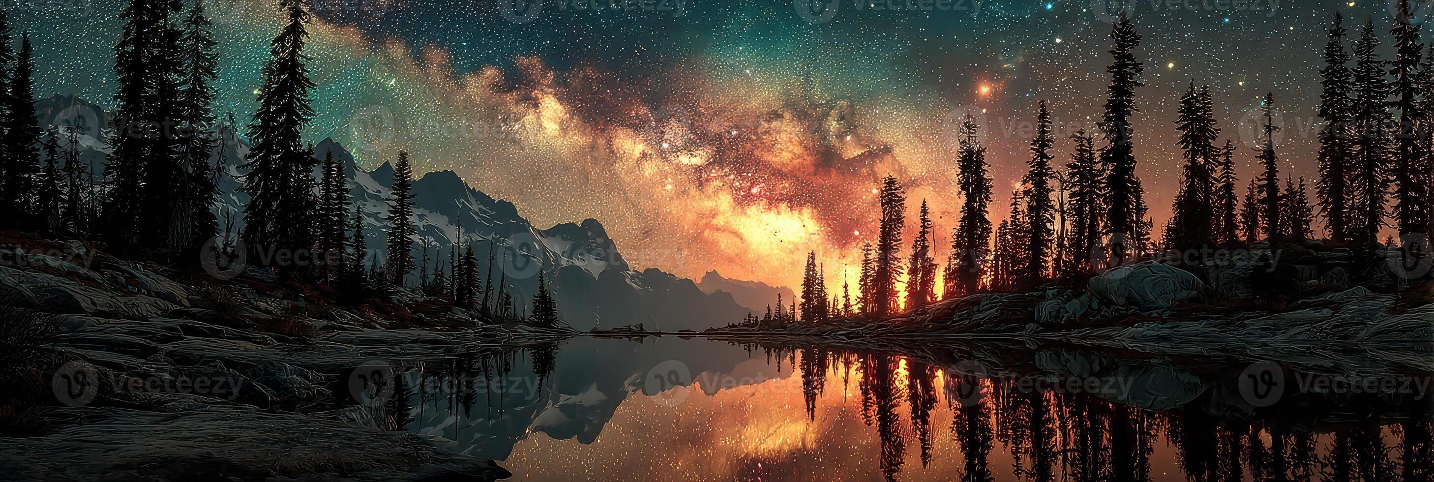 Milky Way over tranquil lake framed by tall trees during starry night in National Park photo