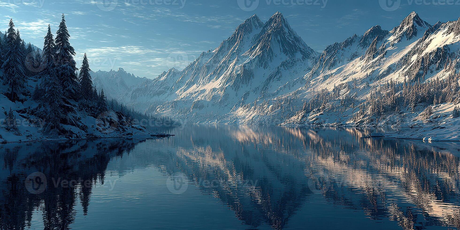 Snowy mountain landscape reflecting in tranquil lake during early morning light photo