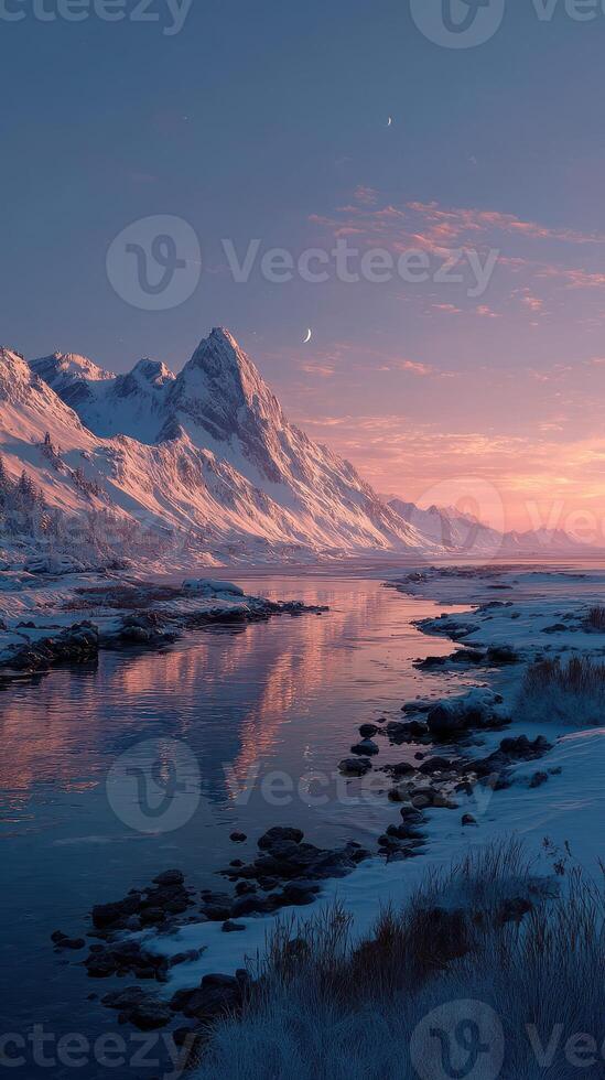 Serene winter evening at a tranquil river with majestic mountains under a clear sky photo